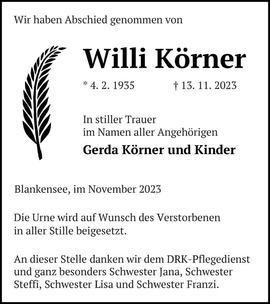  Traueranzeige für Willi Körner vom 17.11.2023 aus Strelitzer Zeitung