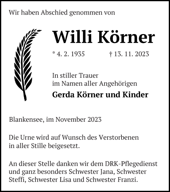 Traueranzeige von Willi Körner von Strelitzer Zeitung