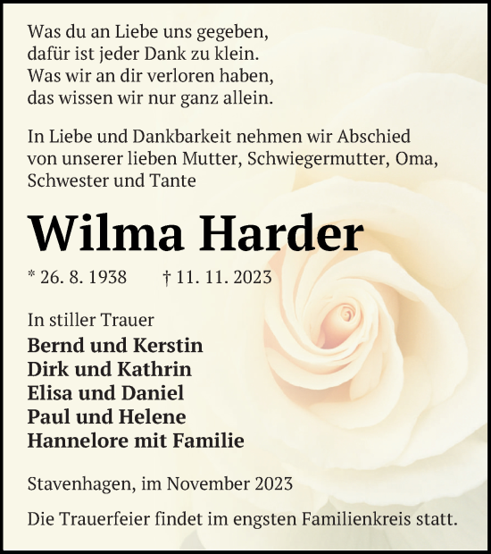 Traueranzeige von Wilma Harder von Mecklenburger Schweiz