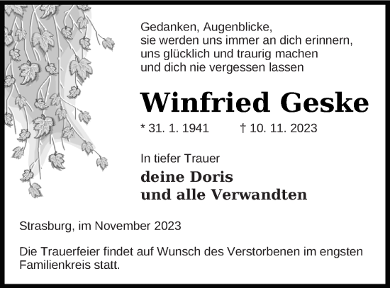 Traueranzeige von Winfried Geske von Pasewalker Zeitung