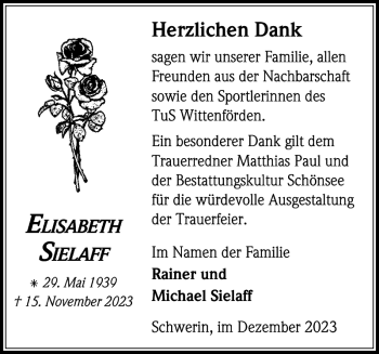 Traueranzeige von Elisab Eth si Elaff von Zeitung für die Landeshauptstadt