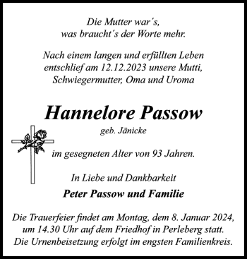 Traueranzeige von Hannelore Passow von Der Prignitzer