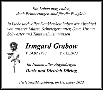 Traueranzeige von Irmgard Grabow von Der Prignitzer