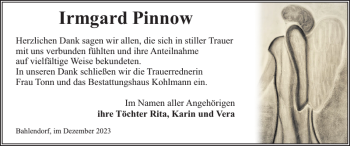 Traueranzeige von Irmgard Pinnow von Hagenower Kreisblatt