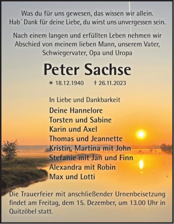 Traueranzeige von Peter Sachse von Der Prignitzer