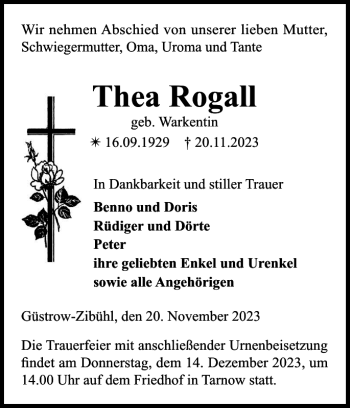 Traueranzeige von Thea Rogall von Güstrower Zeitung