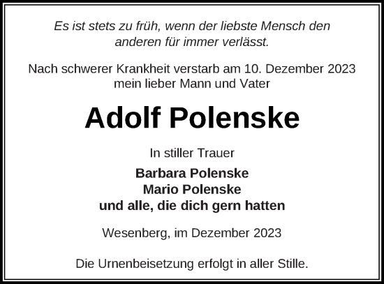 Traueranzeige von Adolf Polenske von Strelitzer Zeitung