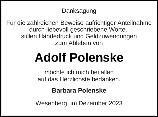 Traueranzeige von Adolf Polenske von Strelitzer Zeitung