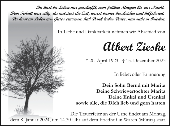 Traueranzeige von Albert Zieske von Müritz-Zeitung