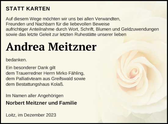 Traueranzeige von Andrea Meitzner von Vorpommern Kurier