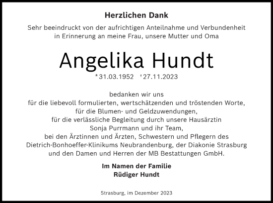 Traueranzeige von Angelika Hundt von Pasewalker Zeitung