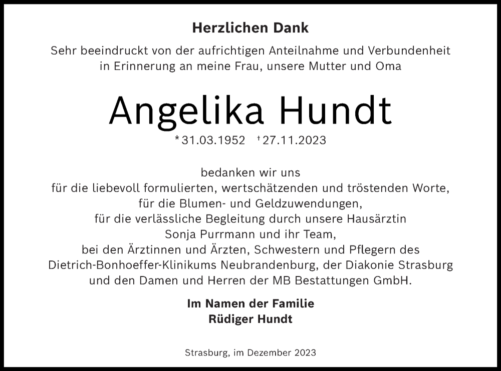  Traueranzeige für Angelika Hundt vom 20.12.2023 aus Pasewalker Zeitung