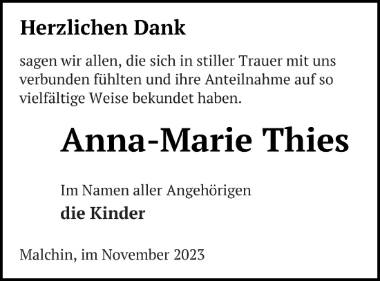 Traueranzeige von Anna-Marie Thies von Mecklenburger Schweiz