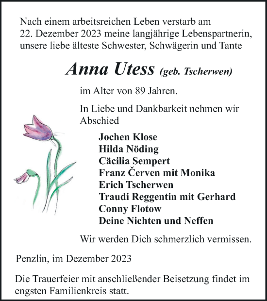 Traueranzeige von Anna Utess von Müritz-Zeitung