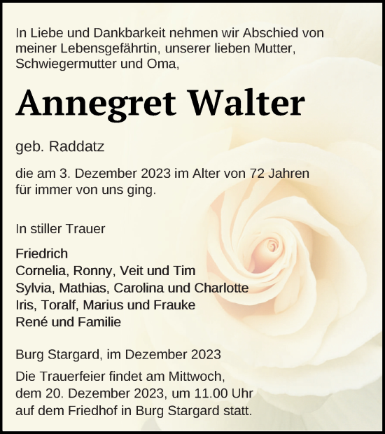 Traueranzeige von Annegret Walter von Neubrandenburger Zeitung