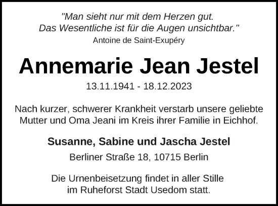 Traueranzeige von Annemarie Jean Jestel von Haff-Zeitung