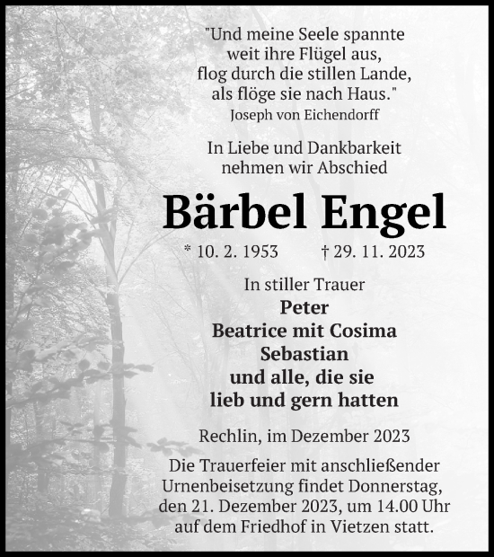 Traueranzeige von Bärbel Engel von Müritz-Zeitung