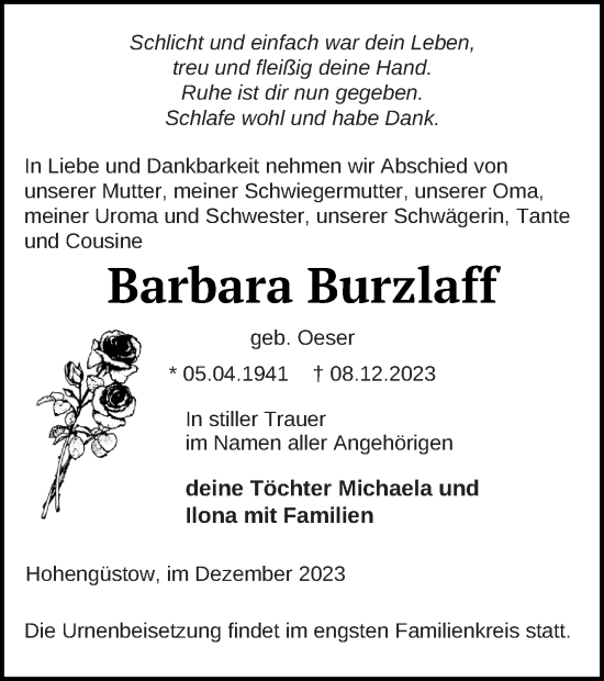 Traueranzeige von Barbara Burzlaff von Prenzlauer Zeitung