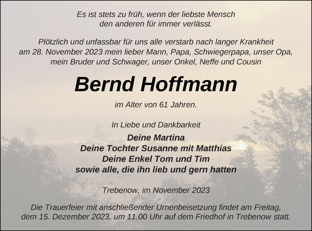  Traueranzeige für Bernd Hoffmann vom 02.12.2023 aus Pasewalker Zeitung