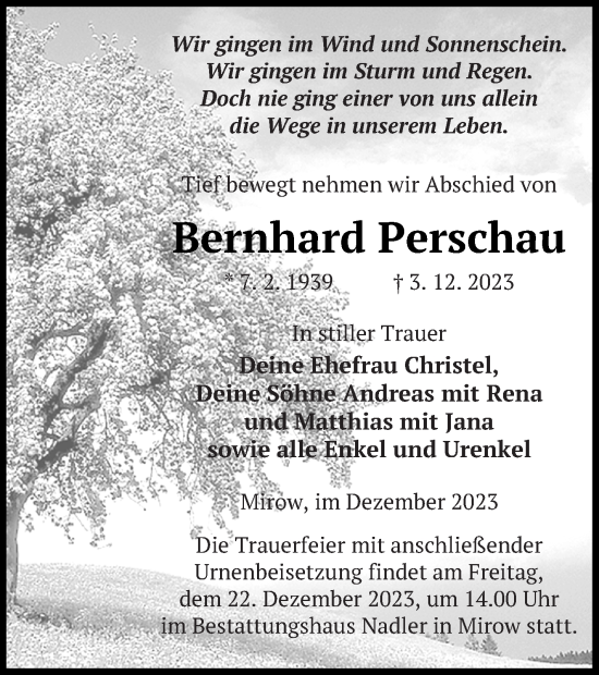 Traueranzeige von Bernhard Perschau von Strelitzer Zeitung