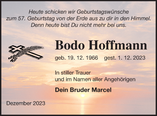 Traueranzeige von Bodo Hoffmann von Demminer Zeitung