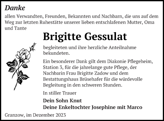 Traueranzeige von Brigitte Gessulat von Müritz-Zeitung