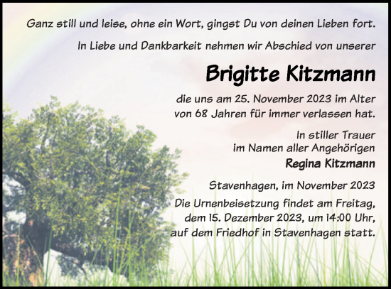 Traueranzeige von Brigitte Kitzmann von Mecklenburger Schweiz