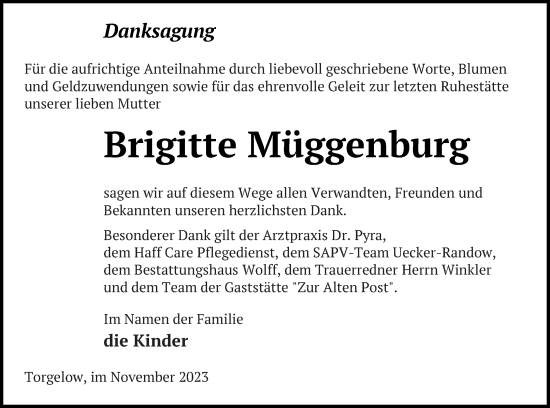 Traueranzeige von Brigitte Müggenburg von Haff-Zeitung