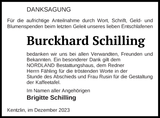 Traueranzeige von Burckhard Schilling von Demminer Zeitung