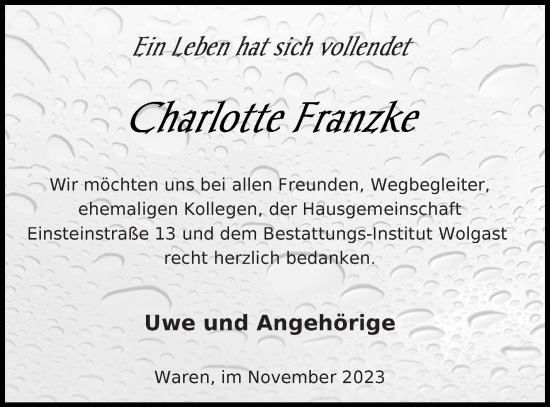 Traueranzeige von Charlotte Franzke von Müritz-Zeitung