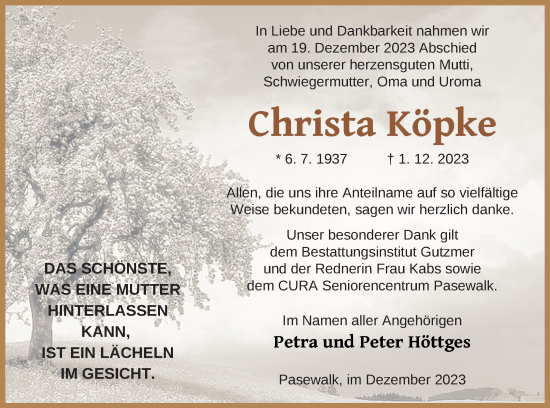 Traueranzeige von Christa Köpke von Pasewalker Zeitung