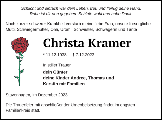 Traueranzeige von Christa Kramer von Mecklenburger Schweiz