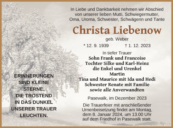 Traueranzeige von Christa Liebenow von Pasewalker Zeitung