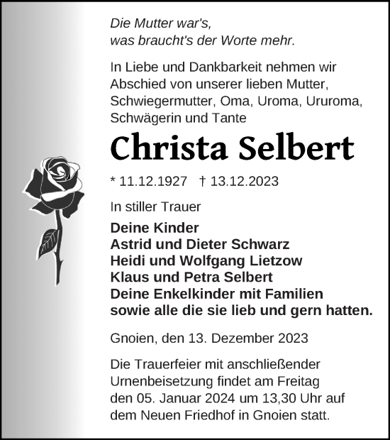 Traueranzeige von Christa Selbert von Mecklenburger Schweiz