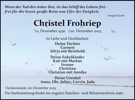 Traueranzeige von Christel Frohriep von Haff-Zeitung
