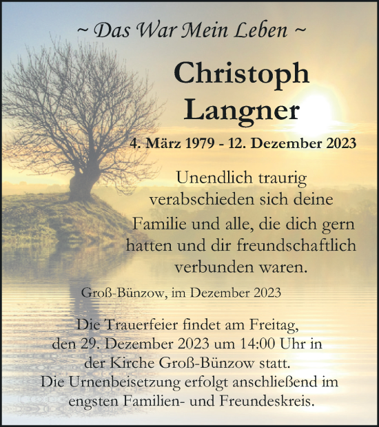 Traueranzeige von Christoph Langner von Vorpommern Kurier