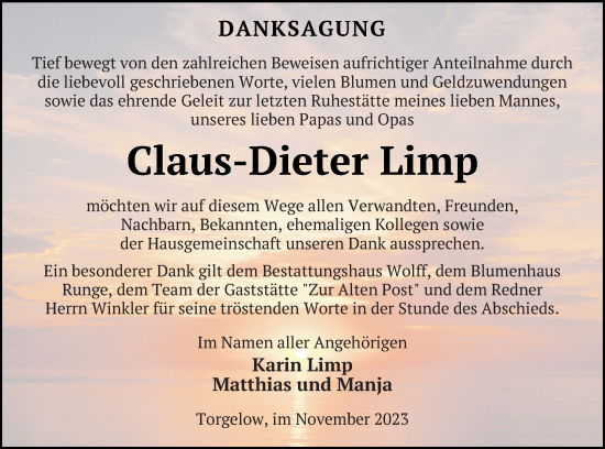 Traueranzeige von Claus-Dieter Limp von Haff-Zeitung