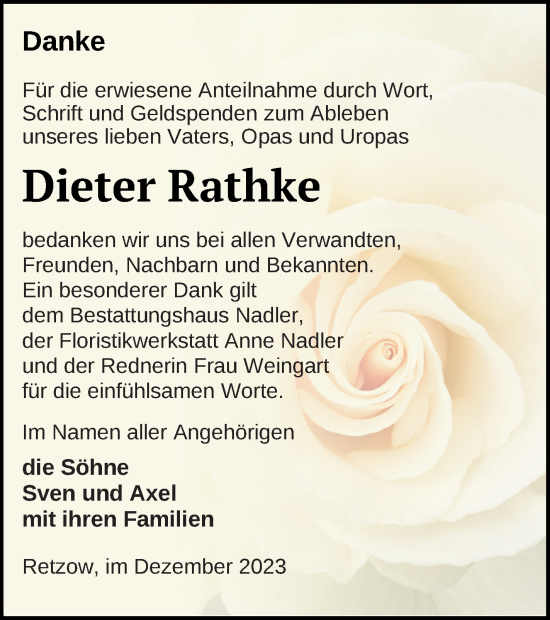 Traueranzeige von Dieter Rathke von Müritz-Zeitung