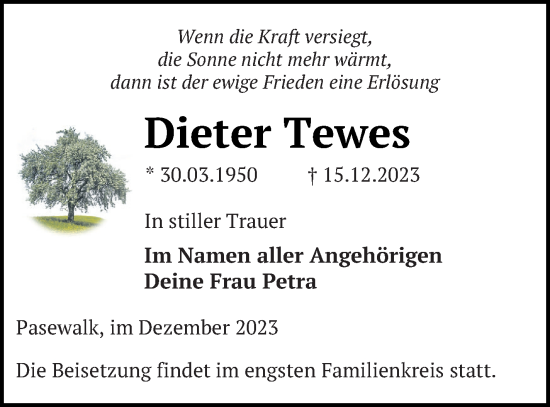 Traueranzeige von Dieter Tewes von Pasewalker Zeitung
