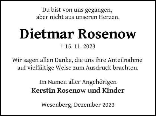 Traueranzeige von Dietmar Rosenow von Strelitzer Zeitung