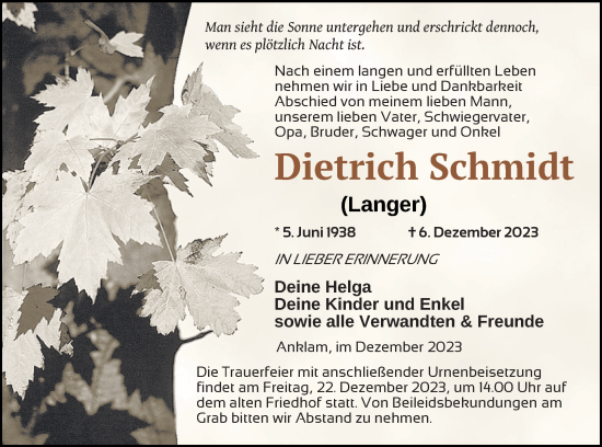 Traueranzeige von Dietrich Schmidt von Vorpommern Kurier