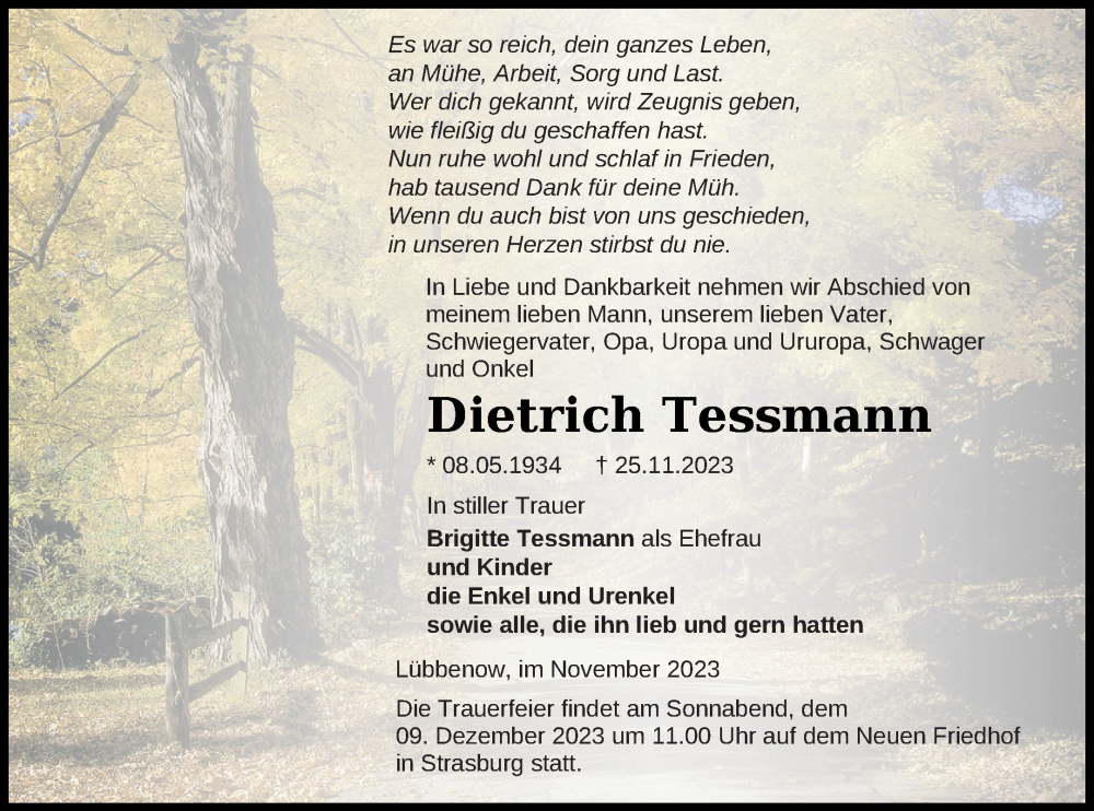  Traueranzeige für Dietrich Tessmann vom 01.12.2023 aus Prenzlauer Zeitung