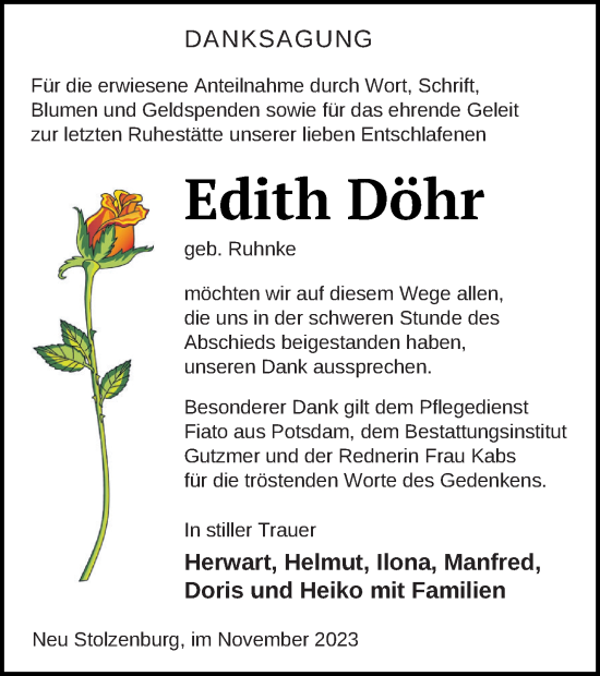 Traueranzeige von Edith Döhr von Pasewalker Zeitung