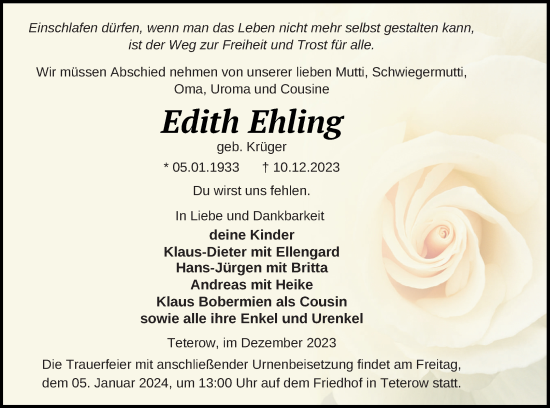 Traueranzeige von Edith Ehling von Strelitzer Zeitung