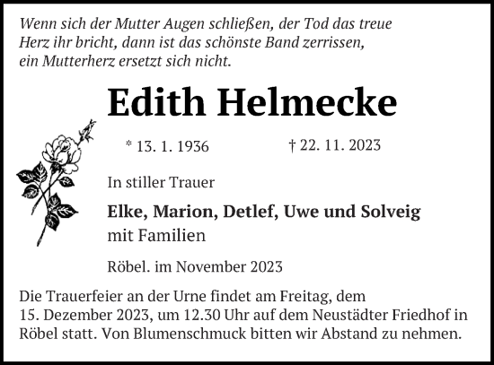 Traueranzeige von Edith Helmecke von Müritz-Zeitung