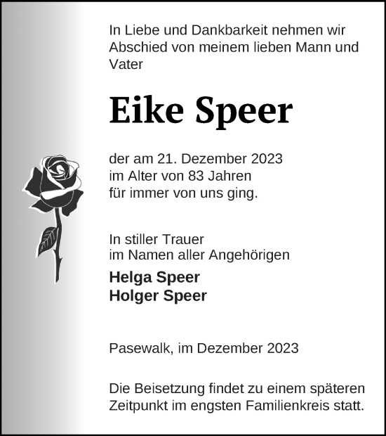 Traueranzeige von Eike Speer von Pasewalker Zeitung