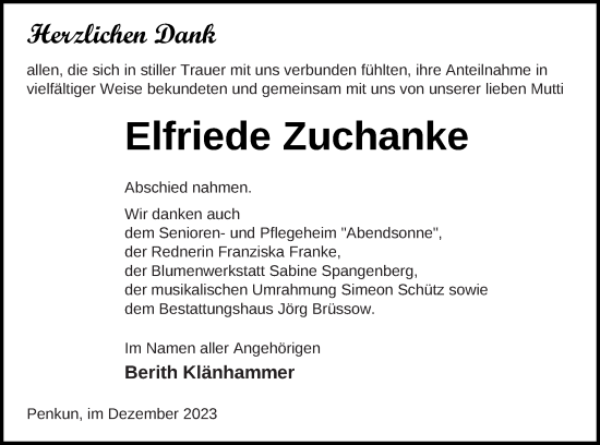 Traueranzeige von Elfriede Zuchanke von Pasewalker Zeitung