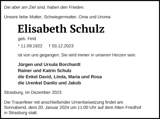 Traueranzeige von Elisabeth Schulz von Pasewalker Zeitung