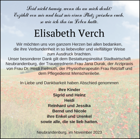 Traueranzeige von Elisabeth Verch von Neubrandenburger Zeitung