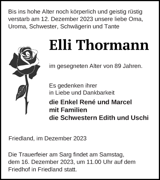 Traueranzeige von Elli Thormann von Neubrandenburger Zeitung